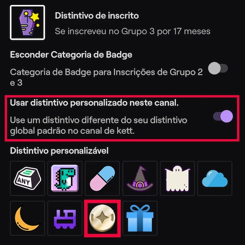 print com destaque na opção de usar distintivo personalizado neste canal e a badge a ser selecionada